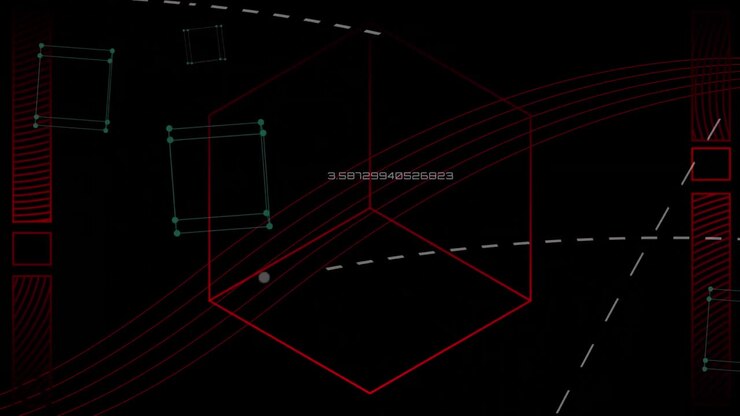 Animation of data processing over geometrical shapes on black background