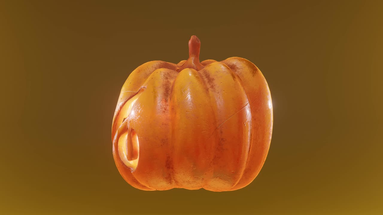 calabaza de halloween con un signo porcentual tallado e iluminado, girando en un bucle infinito en un fondo naranja y borroso, renderizado en 3d