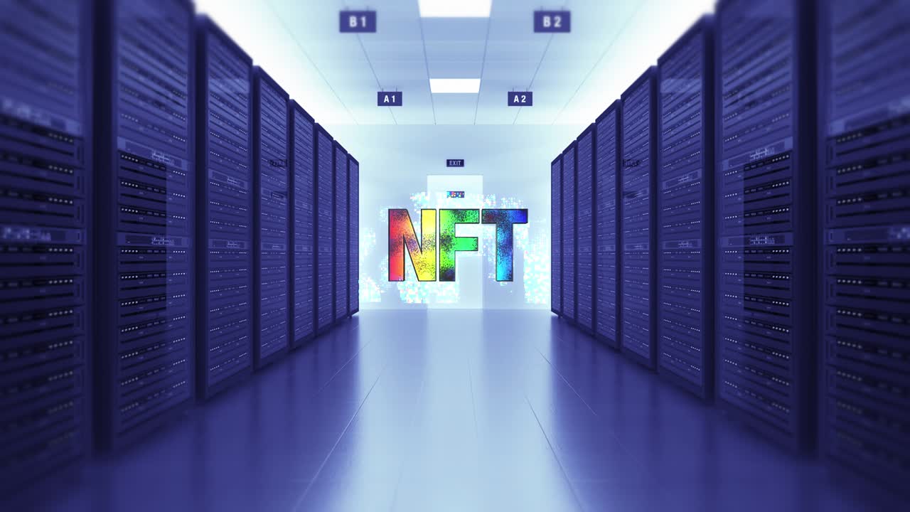 Colorful NFT Symbol In Modern Datacenter Room.