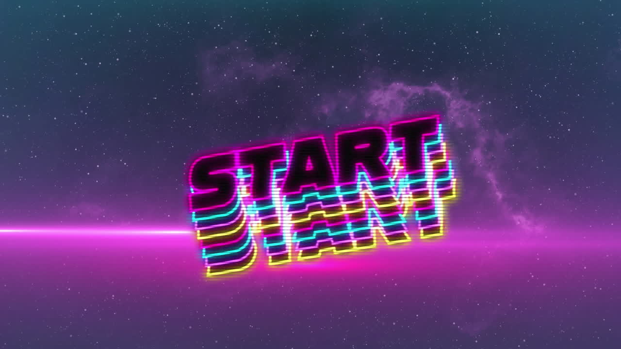 animación del texto de inicio escrito en letras negras con contorno sobre nubes púrpuras