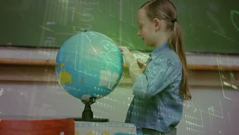 animation of data processing over schoolgirl looking at globe in class