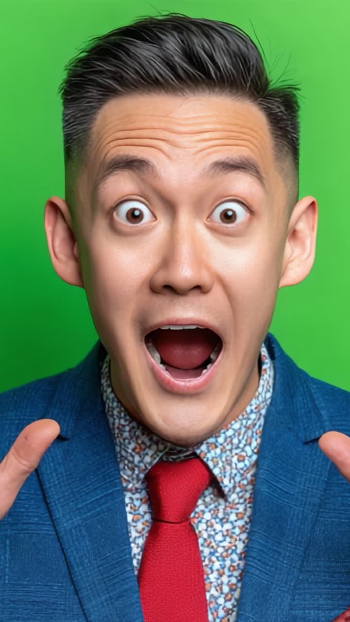 A Surprised Individual Expressing Excitement and Enthusiasm with a Bright Green Background, Captured in Two Emotional Frames Featuring a Suit and Vibrant Facial Expressions