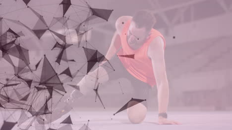 animación de formas geométricas sobre hombre caucásico con cuchilla de correr sufriendo en el entrenamiento
