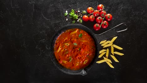 cinemagraph loop. cocinar pasta penne con salsa de tomate y albahaca en una sartén de hierro fundido.