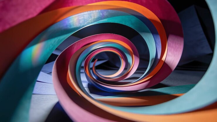 Rotating coiled paper spiral showing inner bands in studio, light causing lens flare, adding depth