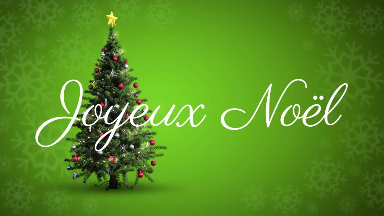 Animazione di auguri di Natale "Joyeux Noël" sopra un albero di Natale su sfondo verde