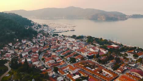 aerial view at sunset of fethiye turkey southwestern turquoise coast port city seascape travel holiday destination drone footage