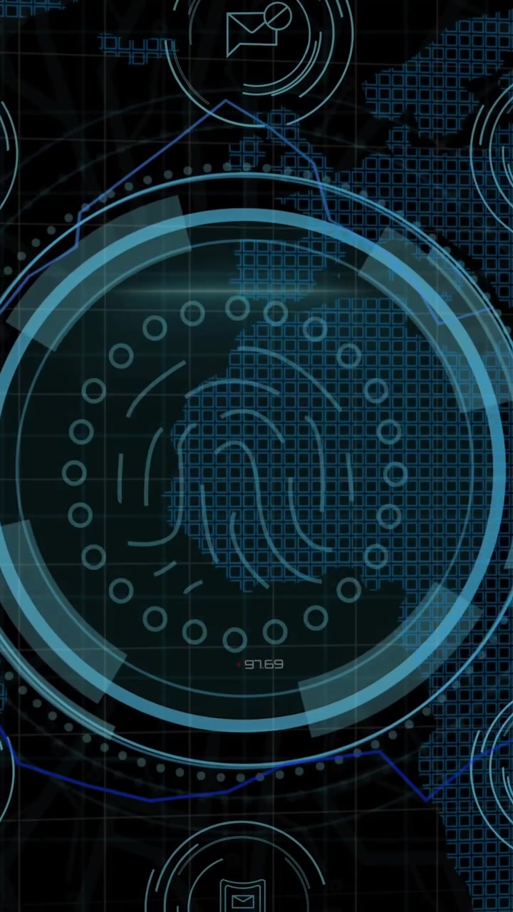 Animation of data protection and fingerprint in circle over graph on black background