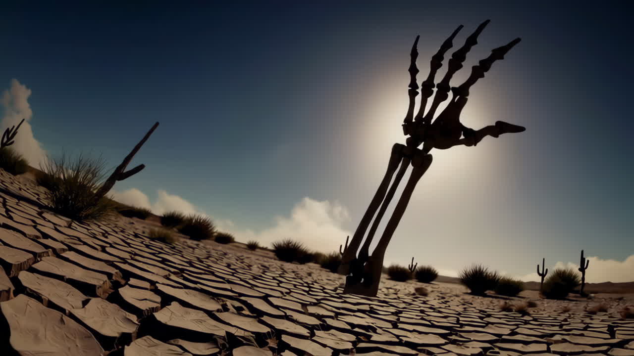 건조한 사막 풍경에 있는 골격 손