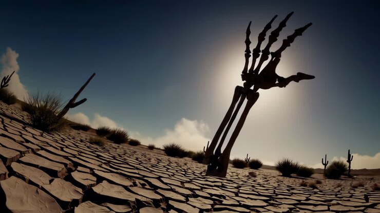 Mano scheletrica in un paesaggio desertico arido