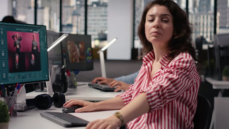 Professional Woman Working on Computer and Smiling in Modern Office