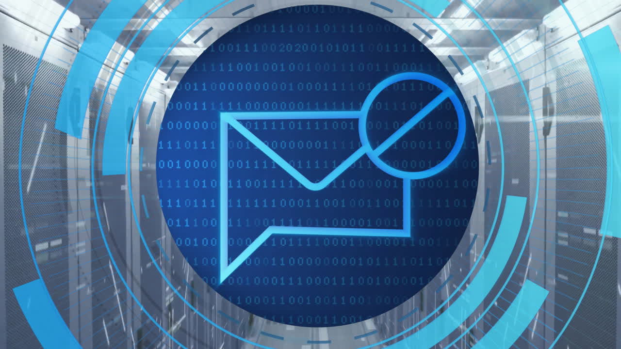 animación de un escáner circular que procesa datos de mensajes de correo bloqueados a través de la sala de servidores de la red