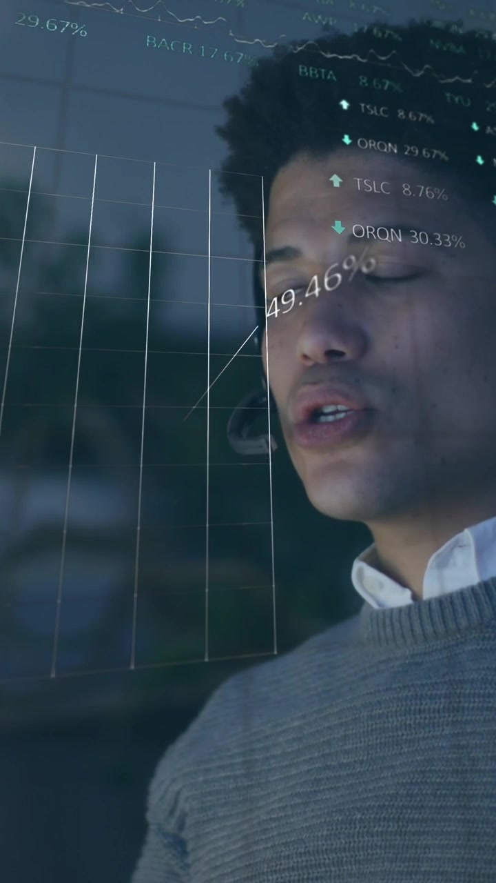 Animation of financial data processing over businessman
