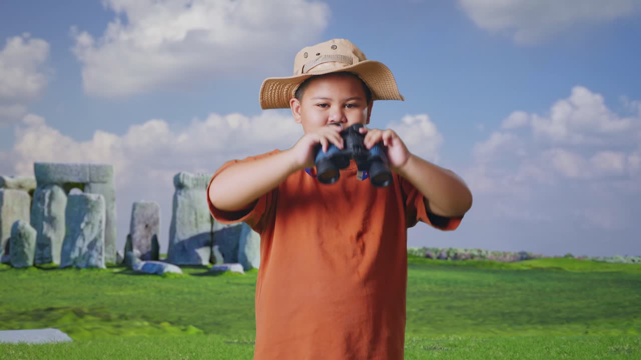 Asian Boy With A Hat Showing Okay Gesture After Looking Through The Binoculars. Boy Researcher Examines Something While Traveling In Stonehenge, Travel Tourism Adventure Concept