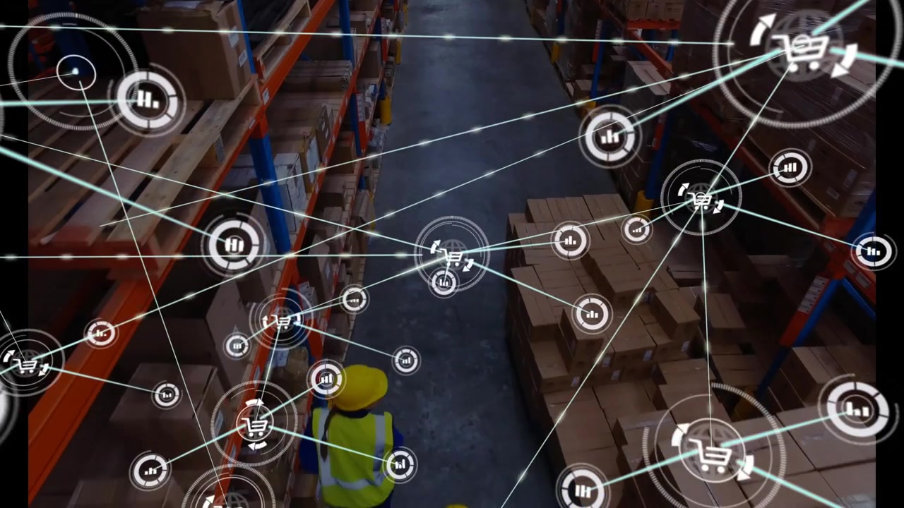 Two warehouse staff entering aisle inspecting shelves as data icons connecting for stock analysis
