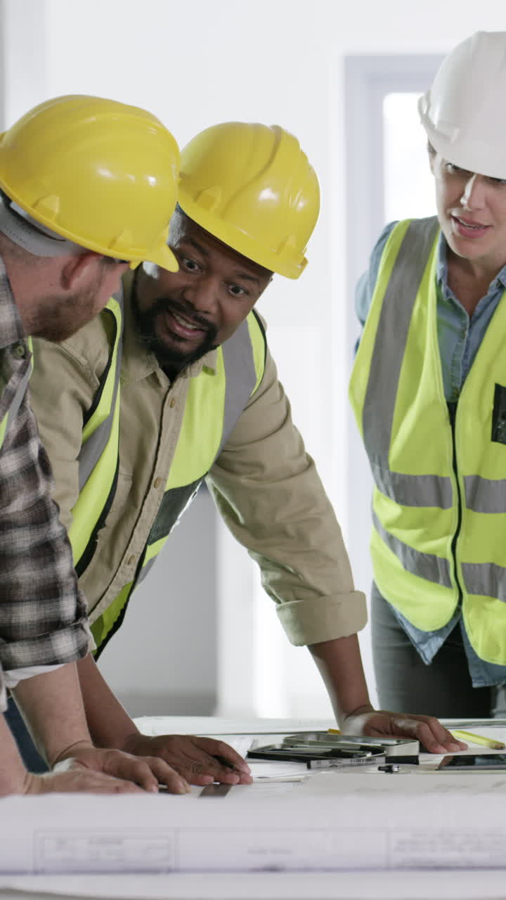 Construction Workers and Engineers Discussing Blueprints on Site