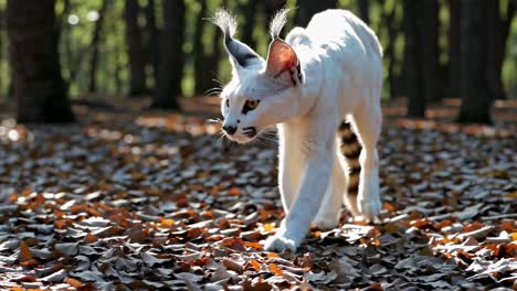 white caracal in autumn leaves