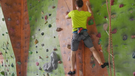 climber getting geared up with harness lead rope chalk bag carabiner and belay. man climber climbs the wall with a rope to the top