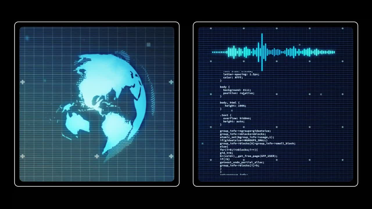 animación del procesamiento de datos con globo sobre fondo negro