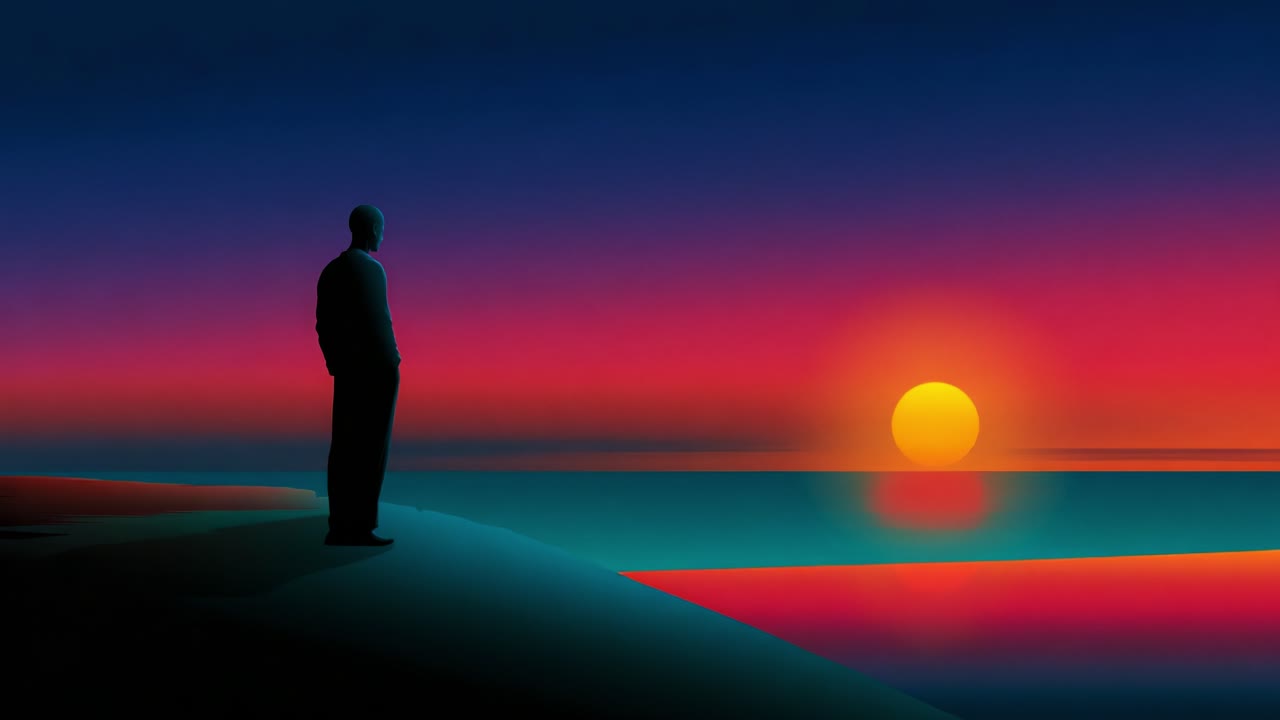 A Serene Moment of Reflection by the Ocean at Sunset: The Stillness of a Figure Gazing at the Vibrant Horizon, Capturing the Beauty and Tranquility of Nature's Evening Splendor