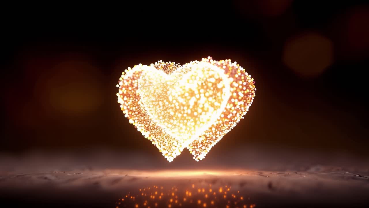 Cuori dorati brillano dolcemente su uno sfondo scuro. Particelle scintillano come scintille attorno a ogni forma. Una luce calda irradia dalle loro superfici texturizzate. Fluttuano sopra una superficie riflettente sottostante.