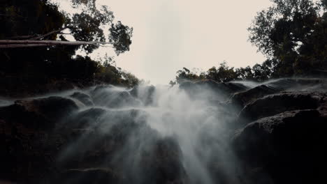 slow-motion-POV-under-a-waterfall-with-water-stream-falling-from-above-cliff-rock-formation-in-pure-wilderness