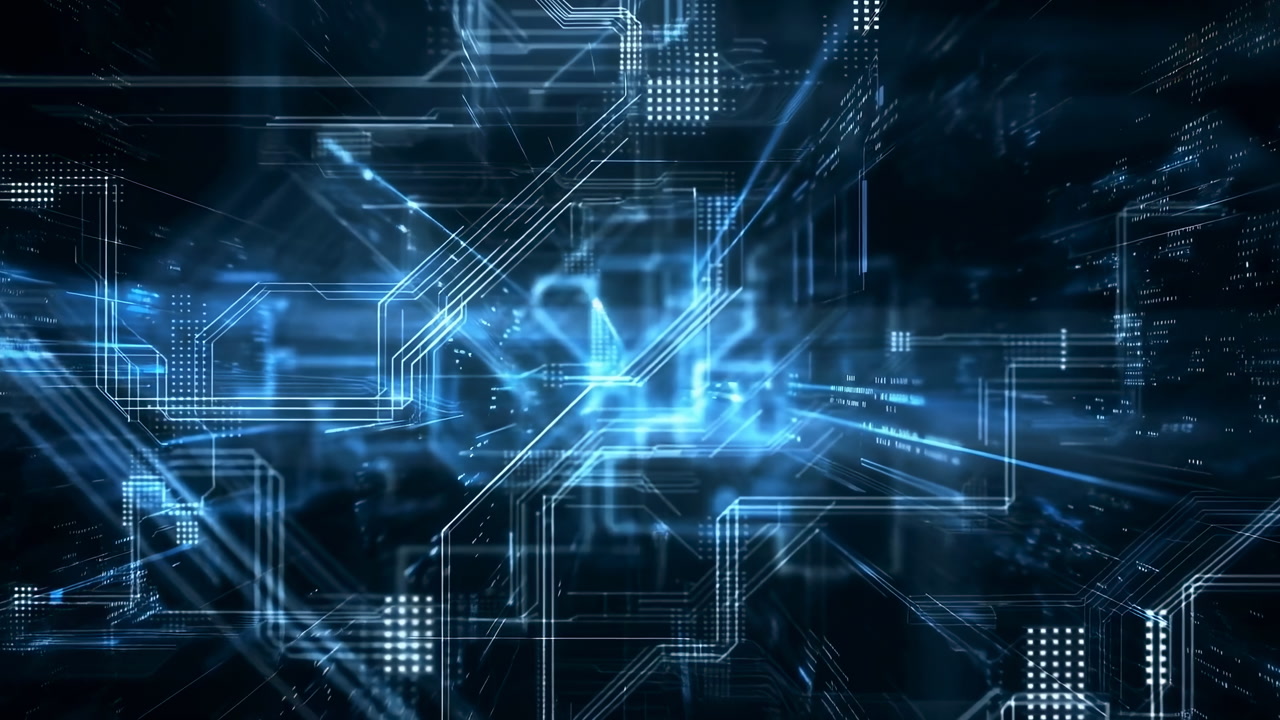 Blue Circuit Network With Data Streams And Neon Glow, Fastmoving Connections, Translucent Grid, Animated