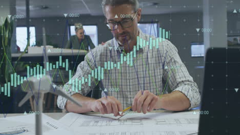 animation of financial data processing over caucasian businessman in office