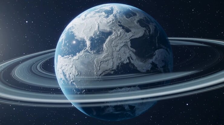 Rotating blue world showing icy lands in space, rings shifting, left star brightening causing glare