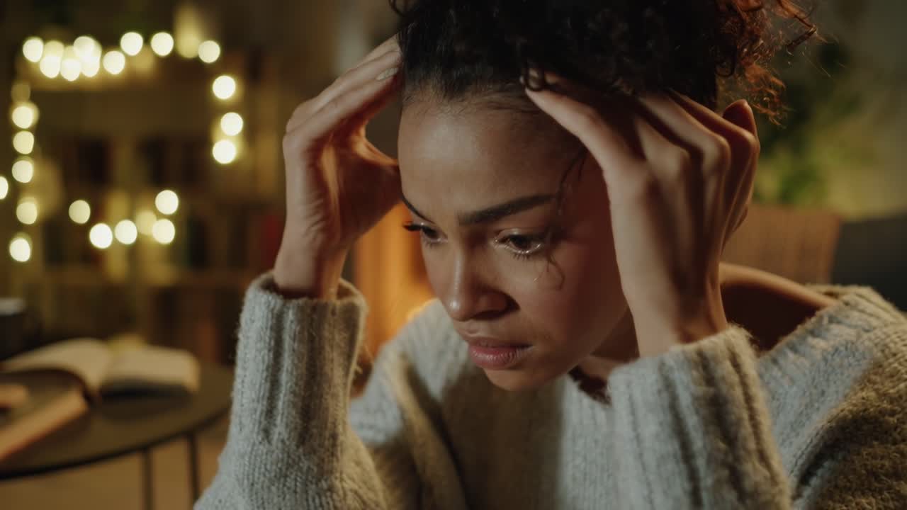 Vídeo em close-up de uma mulher pensativa em ambiente interno, com iluminação fraca e fundo bokeh.