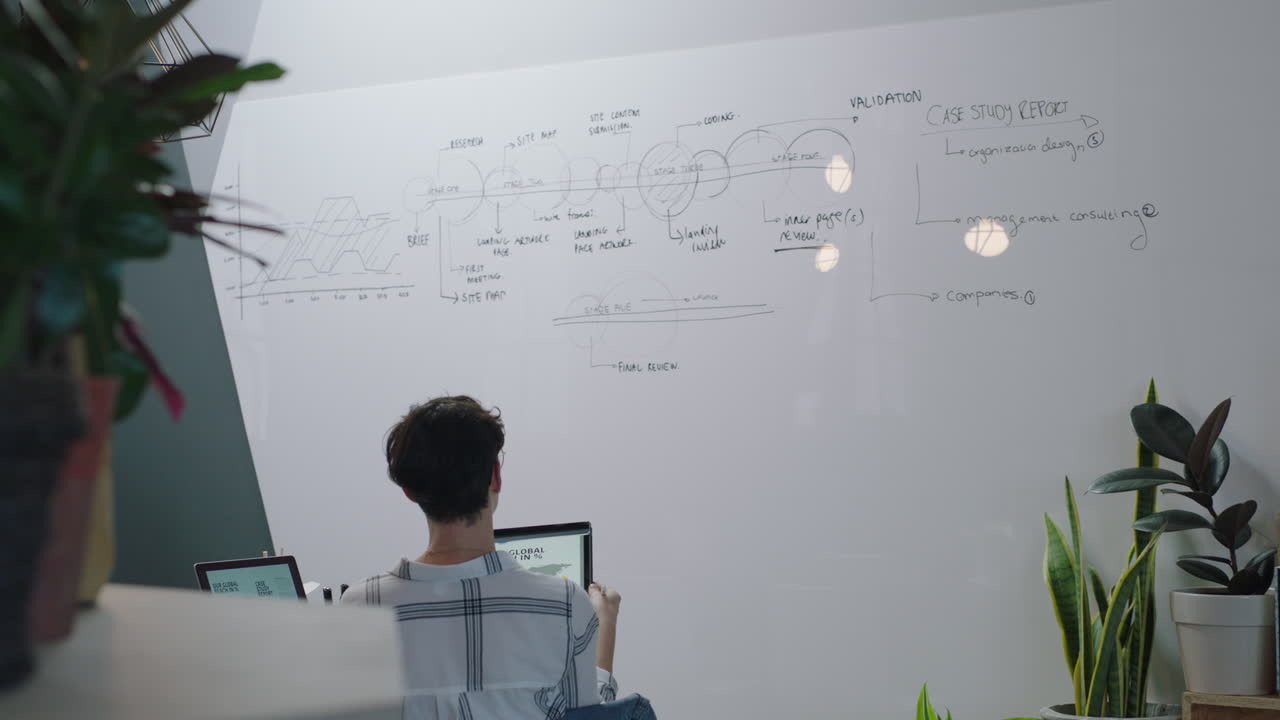 젊은 백인 사업가 태블릿 컴퓨터를 사용하여 브레인스토밍 브라우징 마케팅 연구 프로젝트 계획 성공적인 전략 전문 사무실 라이프 스타일을 즐기고