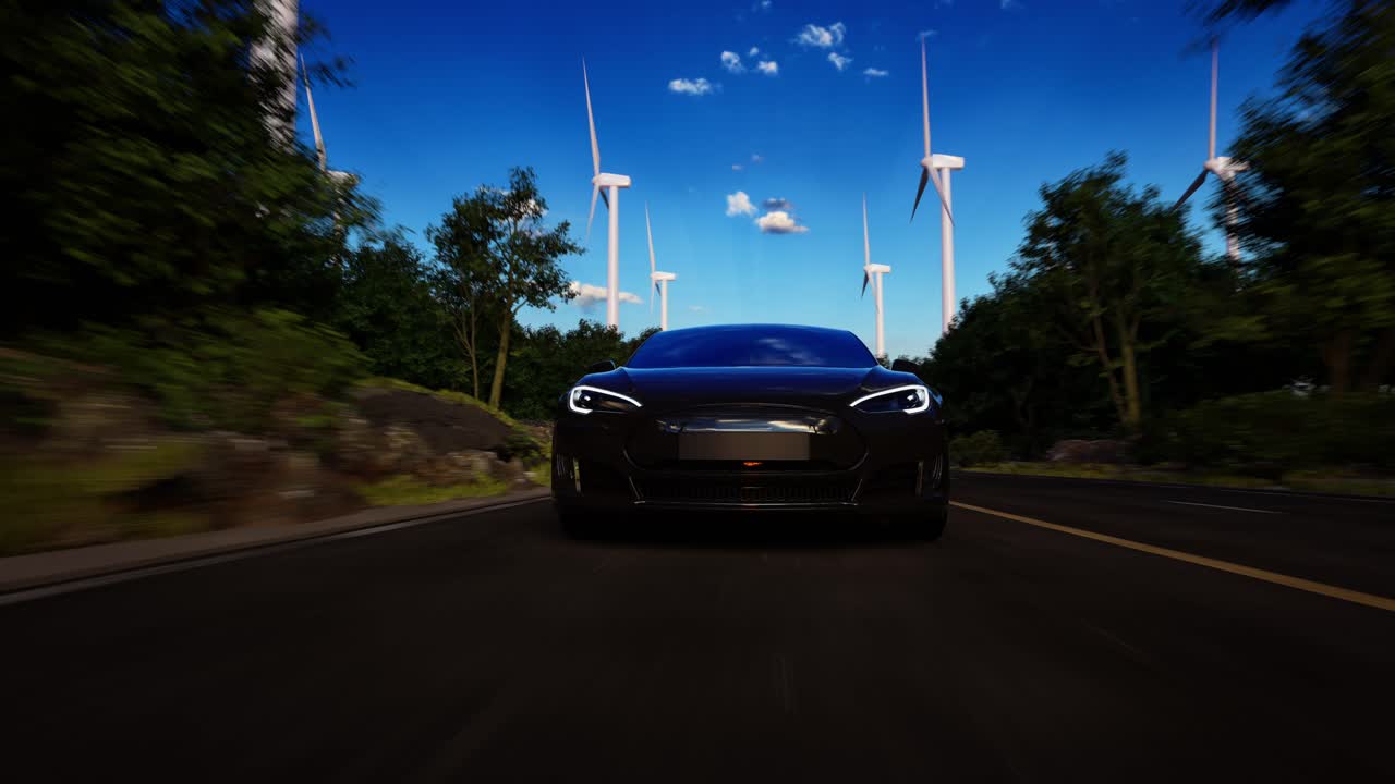 renderización 3d de coches eléctricos genéricos en una carretera con turbinas eólicas en el fondo. animación 3d realista