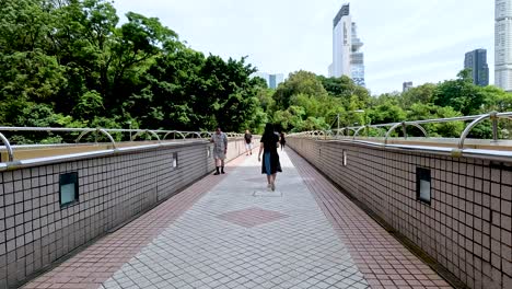 pedestrians stroll along a sunny bridge path