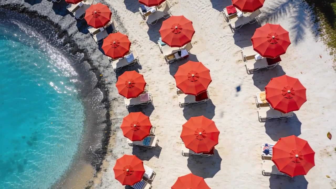 Drone che sorvola rivelando file di ombrelloni rossi sulla spiaggia del resort, mostrando sedie a sdraio e asciugamani.