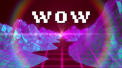 animación de texto de píxel blanco wow, sobre cuadrícula rosa y paisaje rosa y azul, en marrón