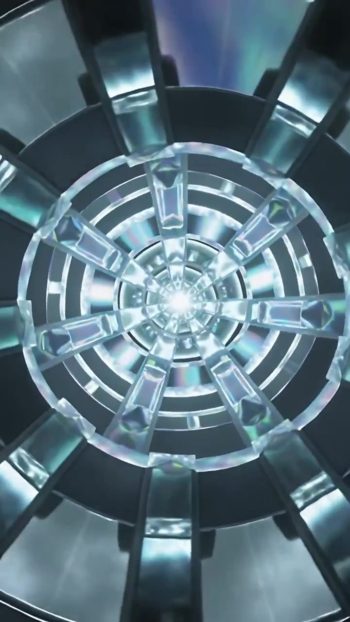 Vertical video: Spinning spiral moving as camera pushing to reveal core and spokes in tunnel
