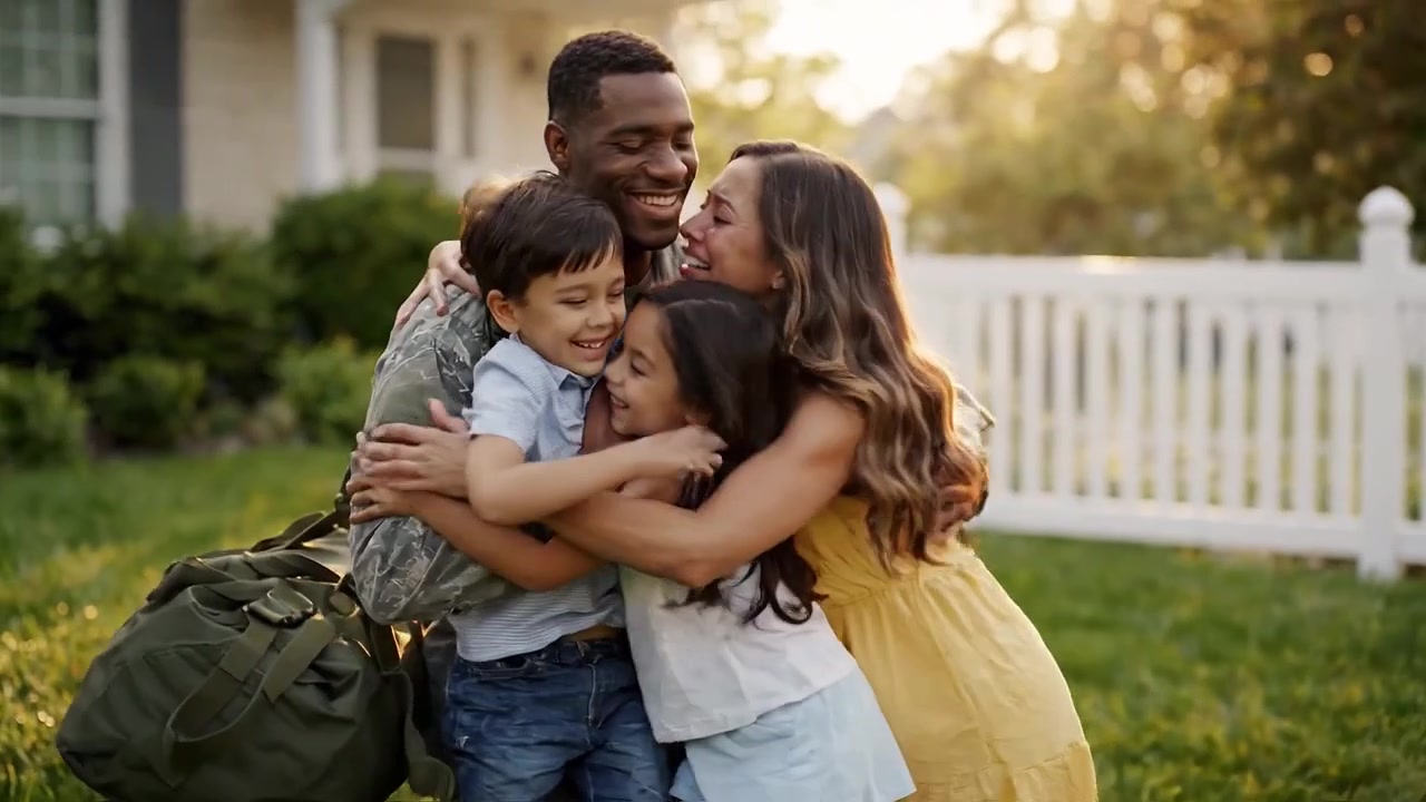 Heartwarming Family Reunion: Joyful Embrace as Service Member Returns Home to Loved Ones, Celebrating Love and Togetherness in the Warm Evening Sunlight.