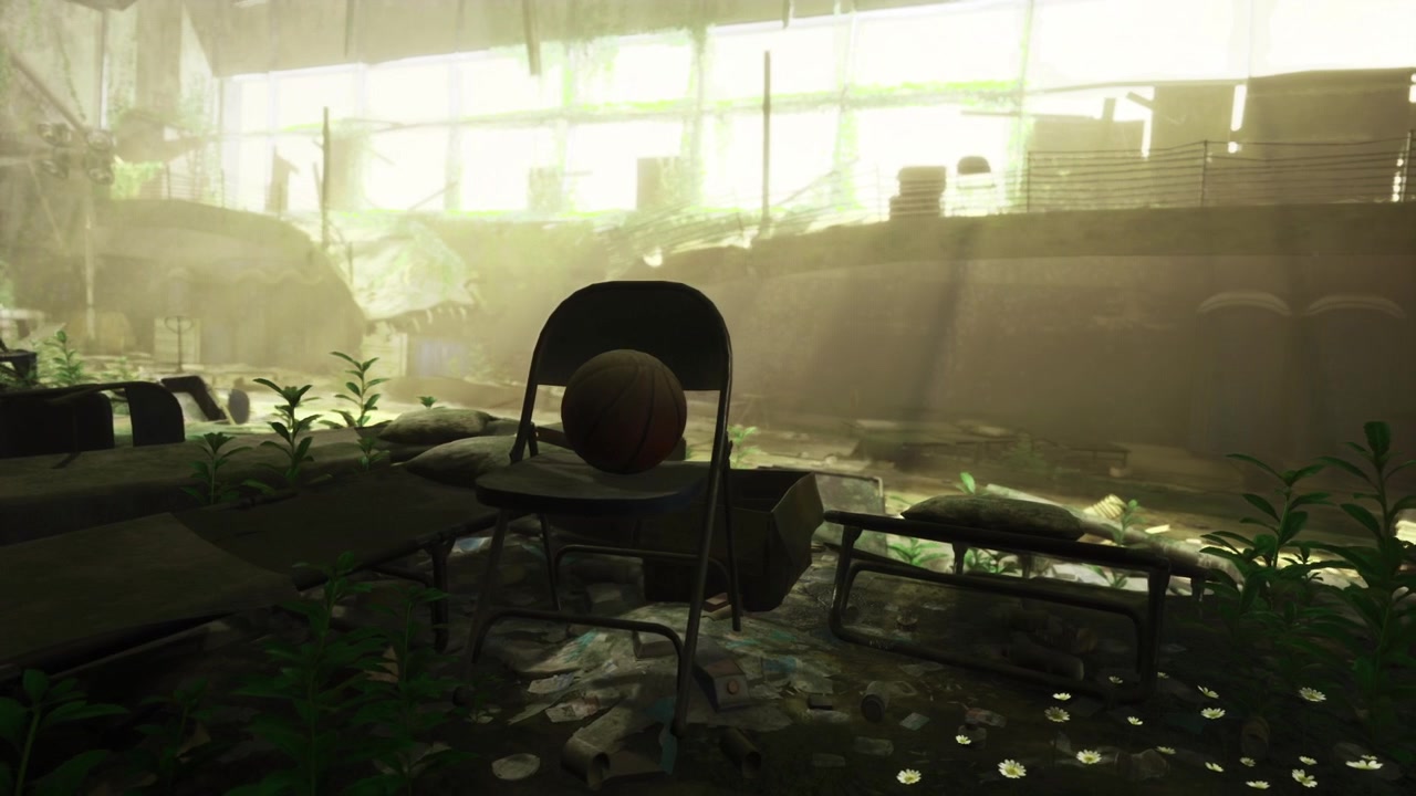 Illuminated empty basketball court reflecting debris and nature