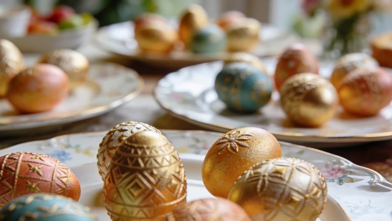 Camera pulling focus across table, front decorated eggs catching window light, showing home decor