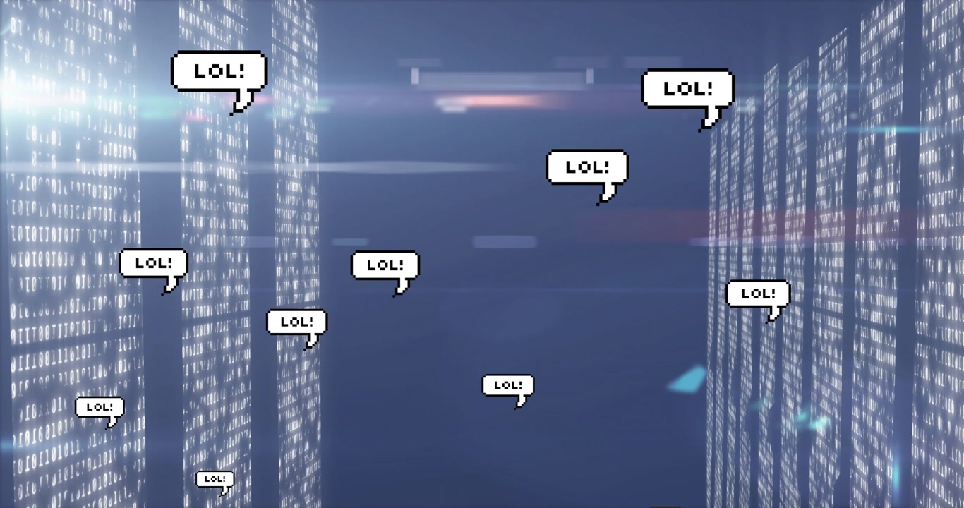 Cluster of pixel bubbles displaying LOL drifting through glowing code streams, with glitch lights