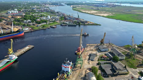 Riga-Seaport-Port,-aerial-industrial-shipping-marina-Daugava-river-Latvia