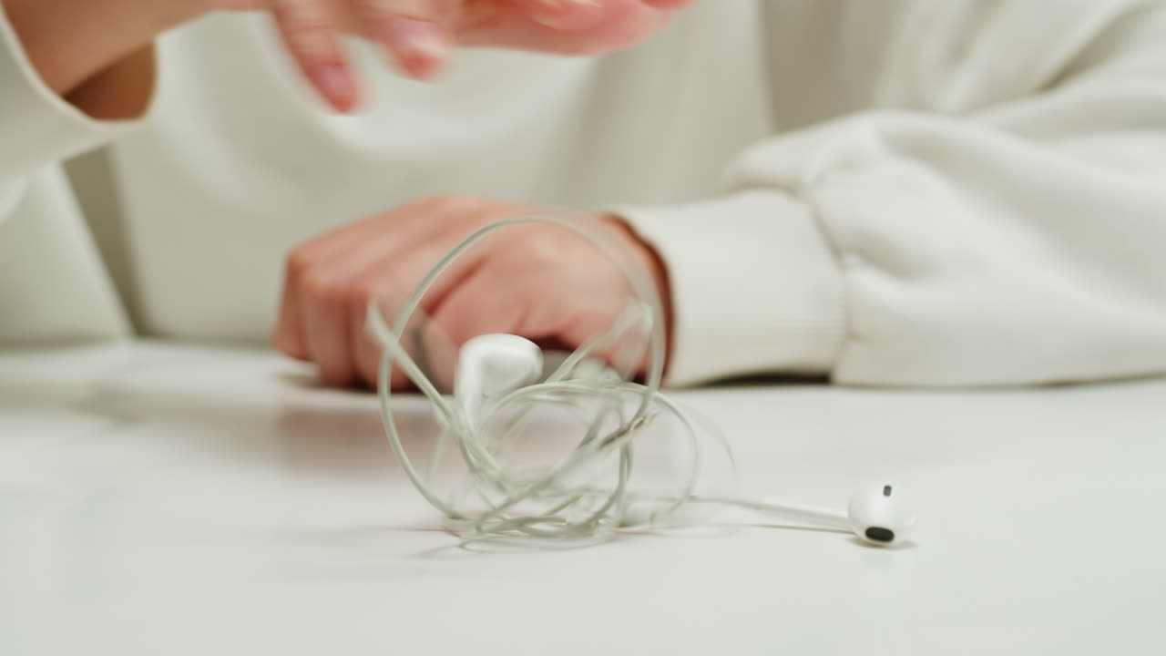 Tangled wires on table close-up. Trying to untangle many messy cables.Young woman trying to untangle the white headphones.