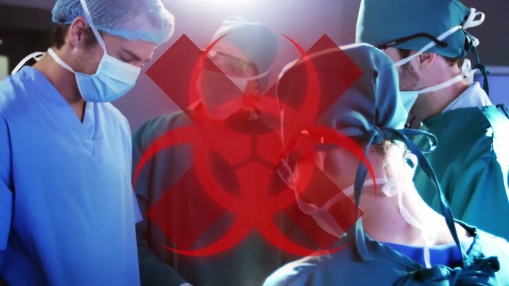 Animation of warning sings over surgeons in face masks
