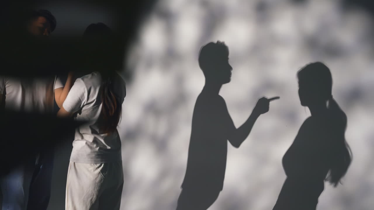 Silhouette of unhappy couples battle, having an argue, blaming, insulting. Stressful depressed young woman from domestic violence abused, depressive state, the victim of violence from her husband