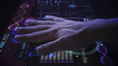 animation of man's hand touching interactive screen reading fingerprints and medical data processing