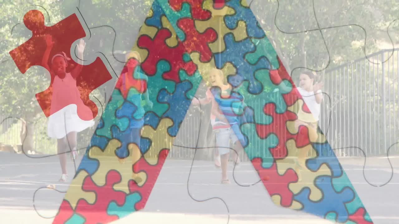 animación de piezas de rompecabezas con icono de cinta sobre diversos escolares.