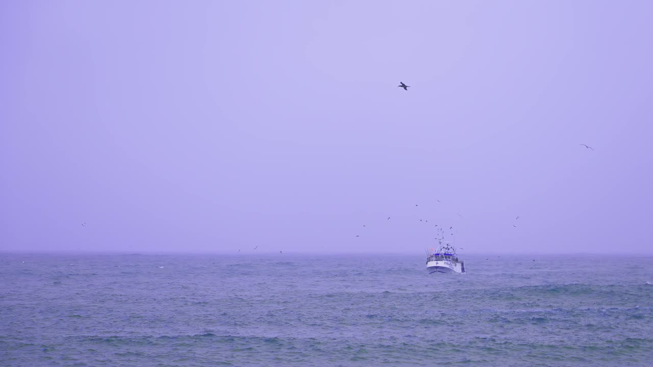 Small fishing boat on the Atlantic Ocean during a rainy cold and windy day, slow motion shot with seagulls flying near the vessel