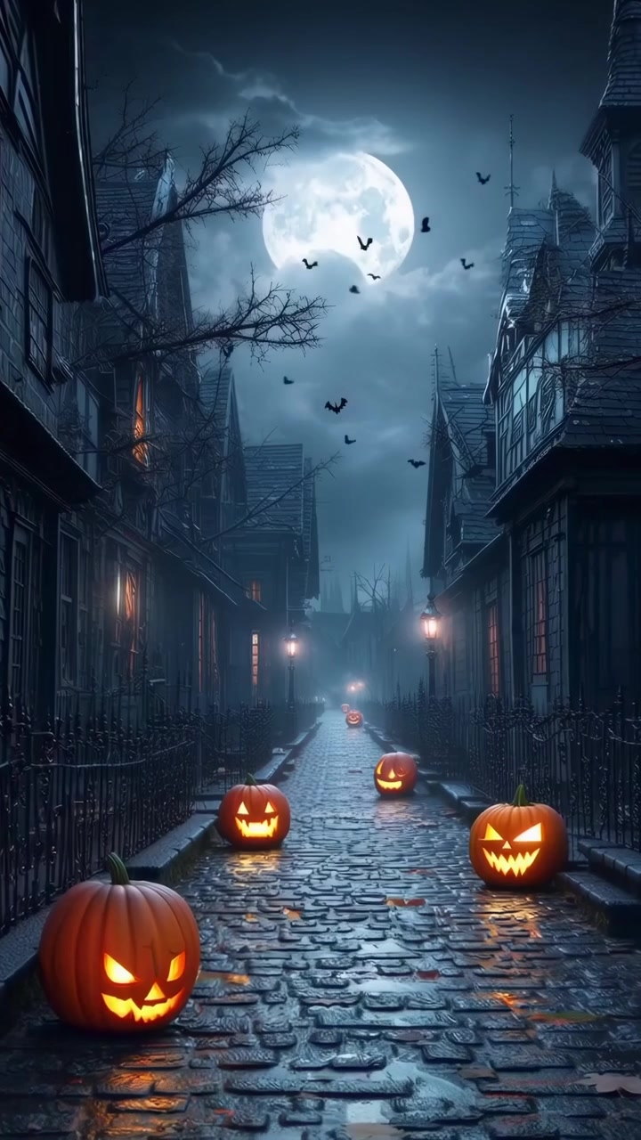 Via di Halloween spettrale con Jack-o'-lantern luminose di notte.