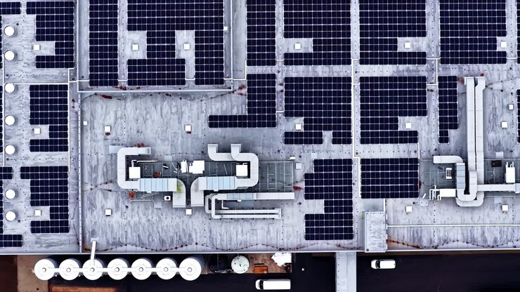 Droneoptagelse af solcellepaneler på erhvervstag med ventilationssystemer.