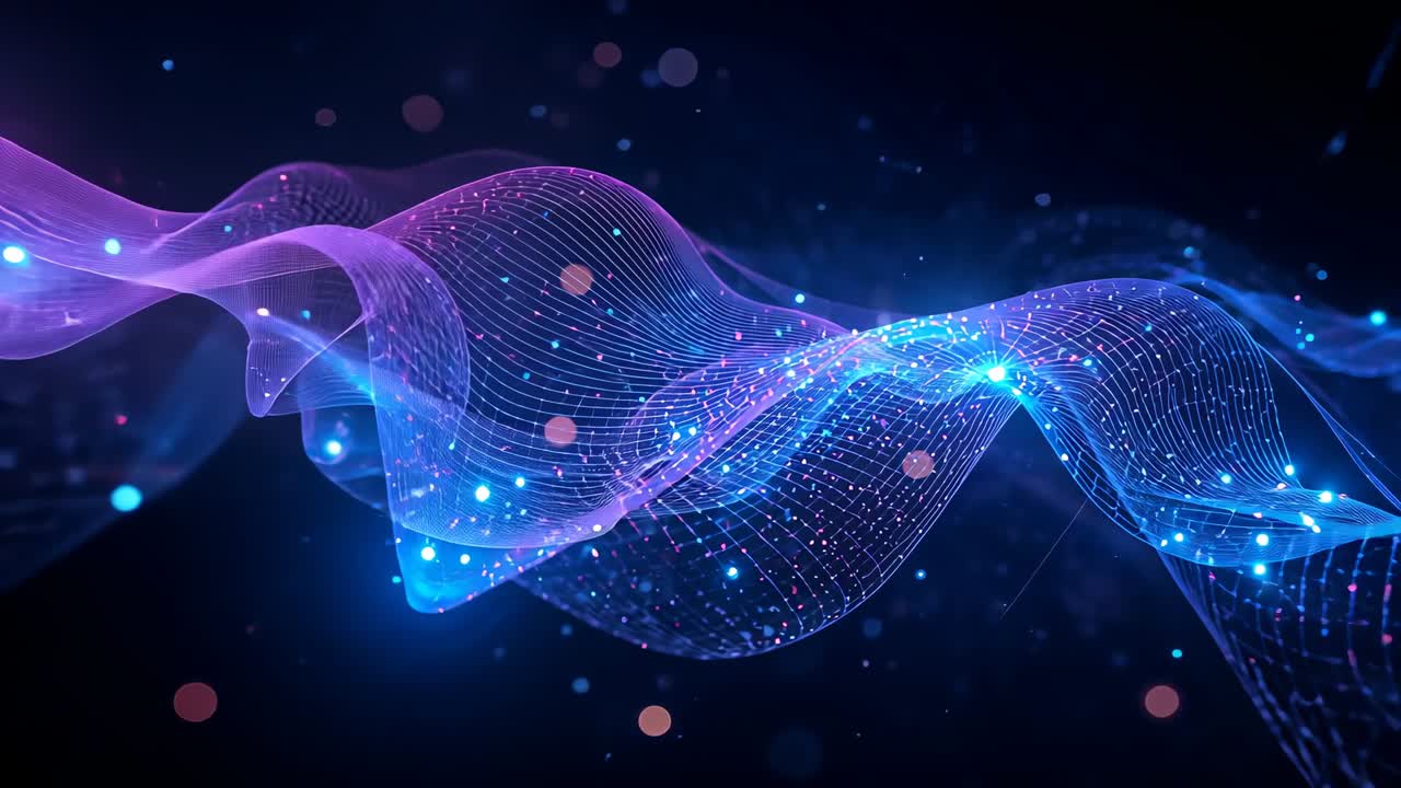 Wave mesh emerging from right pulsing shifting in dark digital void, glowing nodes gridlines
